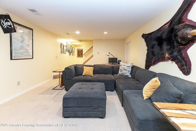 4767 Mohican Ln, Okemos, MI 48864 - living room featuring light colored carpet, recessed lighting, stairs, and baseboards