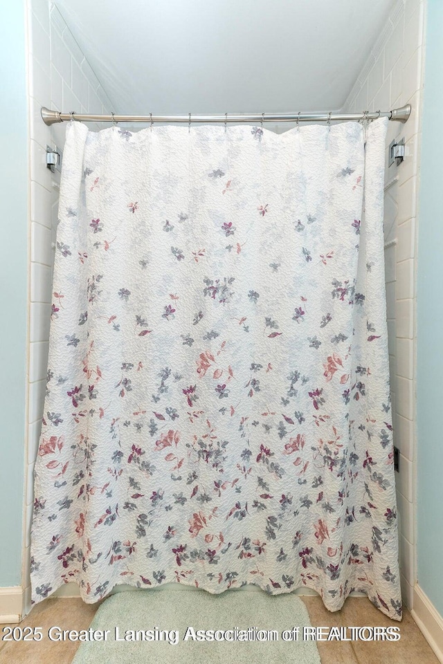 4767 Mohican Ln, Okemos, MI 48864 - bathroom with a shower with shower curtain and baseboards
