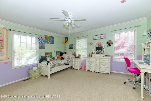 4767 Mohican Ln, Okemos, MI 48864 - bedroom featuring carpet flooring, crown molding, baseboards, ceiling fan, and a desk