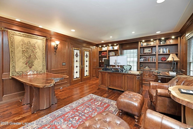 4767 Mohican Ln, Okemos, MI 48864 - office space featuring crown molding, dark wood-style flooring, recessed lighting, and wooden walls