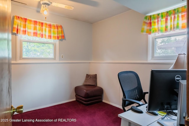 515 Chanticleer Trl, Lansing, MI 48917 - home office featuring a ceiling fan, carpet, and baseboards
