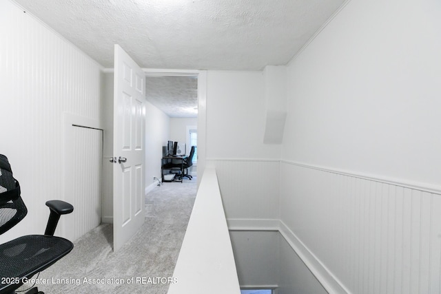 9181 Coleman Rd, Haslett, MI 48840 - hall with carpet, a textured ceiling, an office area, and wainscoting