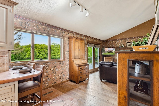 12560 Eaton Rapids Rd, Springport, MI 49284 - living area with wallpapered walls, light wood-style flooring, lofted ceiling, and track lighting