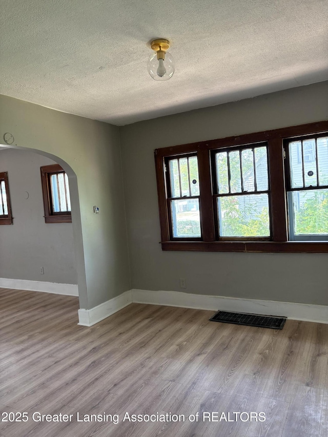 2113 S Rundle Ave, Lansing, MI 48910 - empty room featuring arched walkways, healthy amount of natural light, a textured ceiling, light wood-style flooring, and baseboards