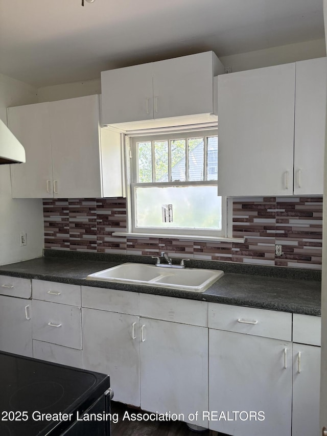 2113 S Rundle Ave, Lansing, MI 48910 - kitchen with a sink, dark countertops, and white cabinets