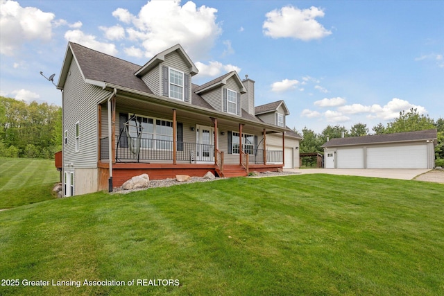 2424 S Canfield Rd, Eaton Rapids, MI 48827 - cape cod-style house featuring a porch, a front lawn, a chimney, a detached garage, and an outbuilding