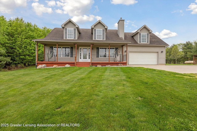 2424 S Canfield Rd, Eaton Rapids, MI 48827 - new england style home featuring a porch, concrete driveway, a chimney, and a front lawn