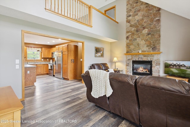 2424 S Canfield Rd, Eaton Rapids, MI 48827 - living area featuring light wood-style floors, high vaulted ceiling, and a fireplace