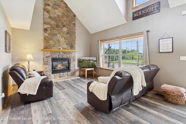 2424 S Canfield Rd, Eaton Rapids, MI 48827 - living room featuring high vaulted ceiling, wood finished floors, and a stone fireplace