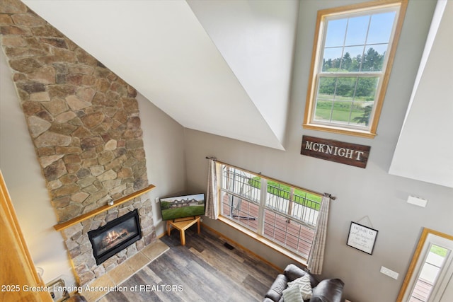 2424 S Canfield Rd, Eaton Rapids, MI 48827 - living area featuring a stone fireplace, healthy amount of natural light, wood finished floors, and a high ceiling