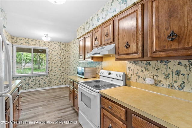 1010 Grenoble Cir, Lansing, MI 48917 - kitchen featuring white appliances, under cabinet range hood, wallpapered walls, baseboards, and light countertops