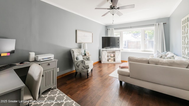 415 W Lawrence Ave, Charlotte, MI 48813 - living area featuring crown molding, a ceiling fan, dark wood-style floors, an office area, and baseboards