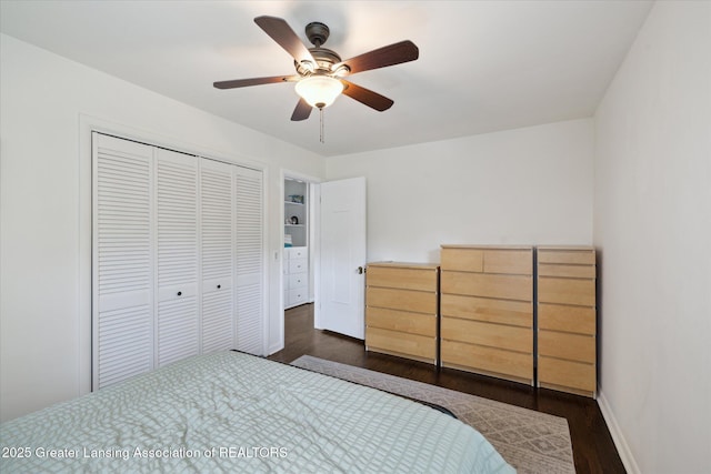 1571 Forest Hills Dr, Okemos, MI 48864 - bedroom featuring wood finished floors, a closet, a ceiling fan, and baseboards