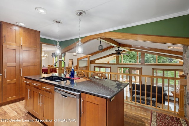 1346 E Howe Rd, Dewitt, MI 48820 - kitchen with dishwasher, a sink, light wood finished floors, a center island with sink, and vaulted ceiling