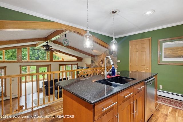 1346 E Howe Rd, Dewitt, MI 48820 - kitchen with a sink, stainless steel dishwasher, light wood-style flooring, ceiling fan, and a center island with sink