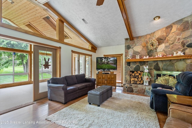 1346 E Howe Rd, Dewitt, MI 48820 - living area with a textured ceiling, wood finished floors, and a fireplace