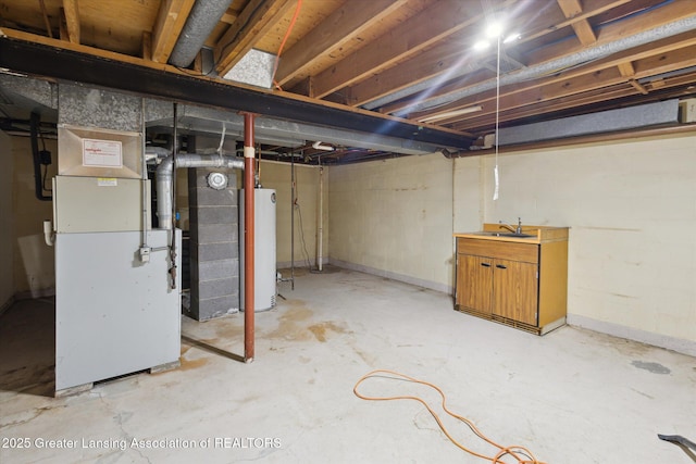 1116 W Service Rd, Mason, MI 48854 - unfinished basement featuring gas water heater, a sink, and heating unit
