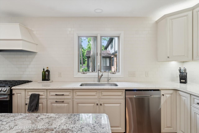 12728 Oneida Woods Trl, Grand Ledge, MI 48837 - kitchen featuring stainless steel appliances, a sink, custom exhaust hood, backsplash, and light stone counters