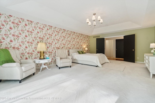 12728 Oneida Woods Trl, Grand Ledge, MI 48837 - carpeted bedroom featuring a chandelier, a raised ceiling, wallpapered walls, and baseboards