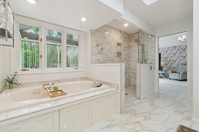 12728 Oneida Woods Trl, Grand Ledge, MI 48837 - bathroom featuring connected bathroom, a marble finish shower, a garden tub, marble finish floors, and recessed lighting