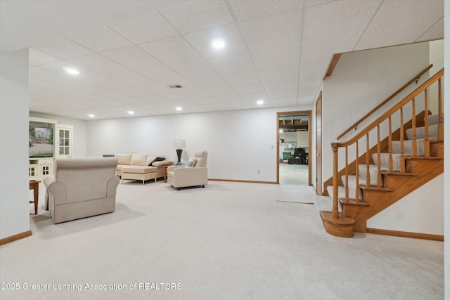 12728 Oneida Woods Trl, Grand Ledge, MI 48837 - living area featuring recessed lighting, carpet, stairway, and baseboards