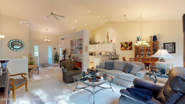 5167 Sapphire Cir, East Lansing, MI 48823 - living room featuring a chandelier, high vaulted ceiling, light colored carpet, ceiling fan, and recessed lighting