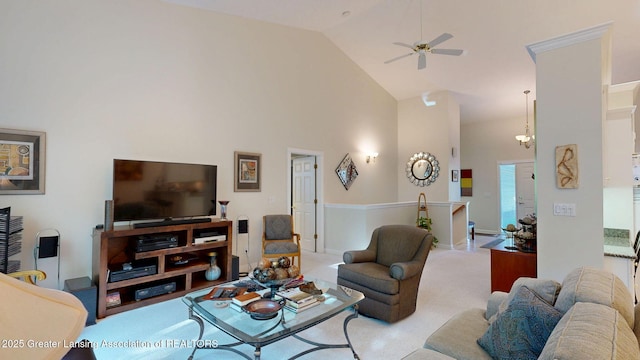 5167 Sapphire Cir, East Lansing, MI 48823 - living area featuring high vaulted ceiling, ceiling fan, and carpet floors