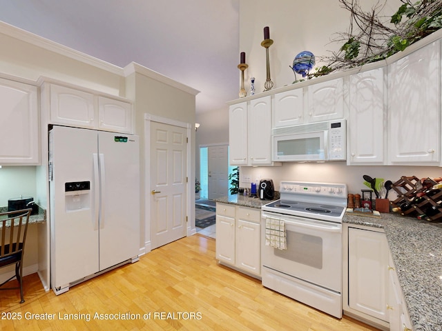 5167 Sapphire Cir, East Lansing, MI 48823 - kitchen with white appliances, light wood-style floors, white cabinetry, ornamental molding, and light stone countertops