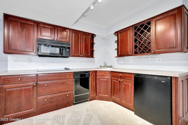 1615 Willow Creek Dr, Lansing, MI 48917 - kitchen featuring black appliances, a sink, light countertops, and open shelves