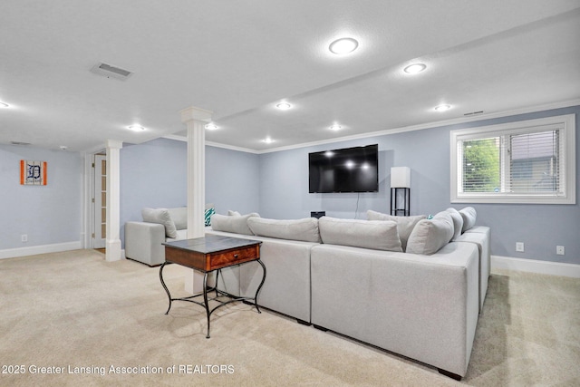 1615 Willow Creek Dr, Lansing, MI 48917 - living room with ornamental molding, baseboards, carpet floors, ornate columns, and recessed lighting