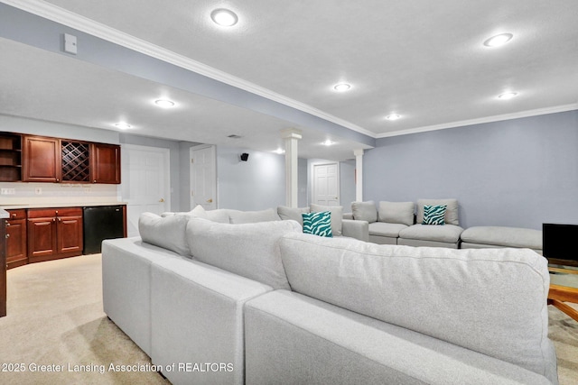 1615 Willow Creek Dr, Lansing, MI 48917 - living area with a bar, light carpet, crown molding, and recessed lighting