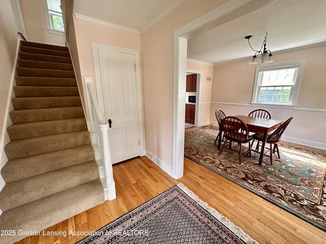 841 Huntington Rd, East Lansing, MI 48823 - stairs with wood finished floors, crown molding, and baseboards