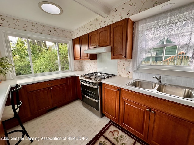 841 Huntington Rd, East Lansing, MI 48823 - kitchen featuring range with two ovens, wallpapered walls, under cabinet range hood, a sink, and light countertops