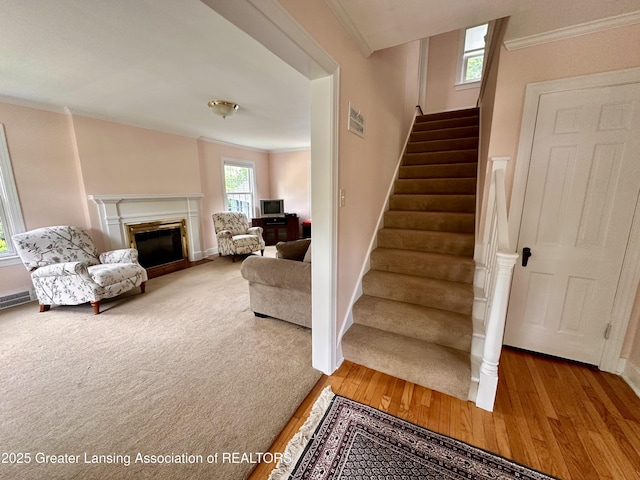 841 Huntington Rd, East Lansing, MI 48823 - staircase with wood finished floors, a fireplace with flush hearth, baseboards, and ornamental molding