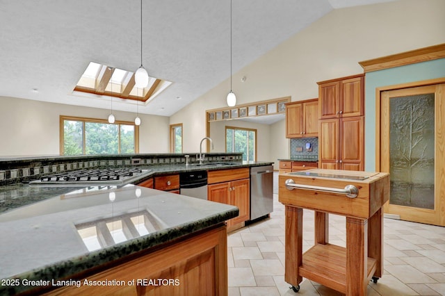 345 Linn Rd, Williamston, MI 48895 - kitchen with appliances with stainless steel finishes, a skylight, decorative backsplash, dark stone counters, and hanging light fixtures