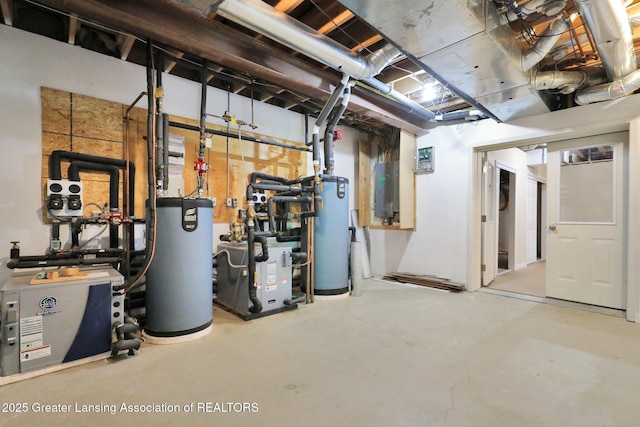 345 Linn Rd, Williamston, MI 48895 - unfinished basement featuring gas water heater, water heater, electric panel, and a heating unit