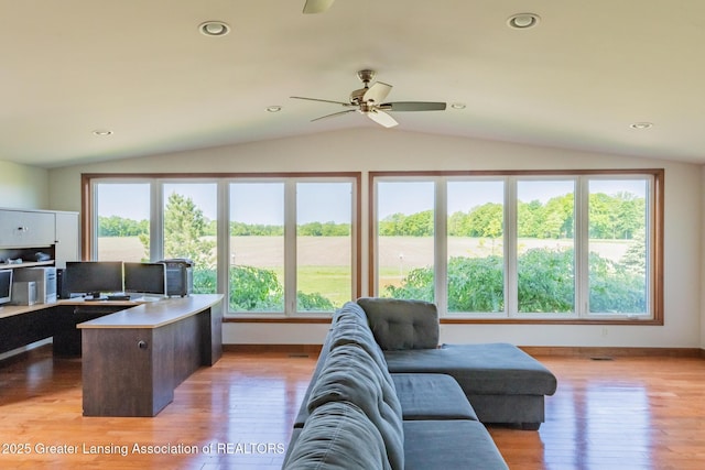 9271 W Burt Rd, Saint Charles, MI 48655 - living area featuring a ceiling fan, lofted ceiling, light wood-style flooring, recessed lighting, and baseboards