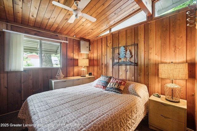 4951 Shore Ln, Perrinton, MI 48871 - bedroom featuring wooden walls, lofted ceiling, wood ceiling, and electric panel