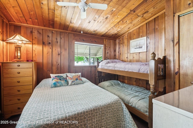 4951 Shore Ln, Perrinton, MI 48871 - bedroom featuring wooden ceiling and wood walls