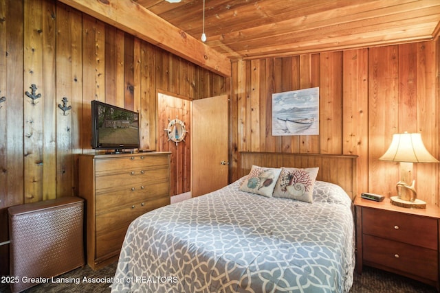4951 Shore Ln, Perrinton, MI 48871 - bedroom featuring wooden ceiling and wood walls