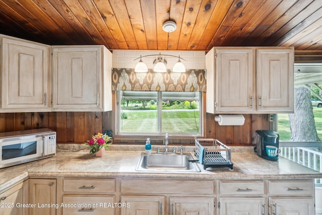 4951 Shore Ln, Perrinton, MI 48871 - kitchen with white microwave, a sink, and wooden ceiling