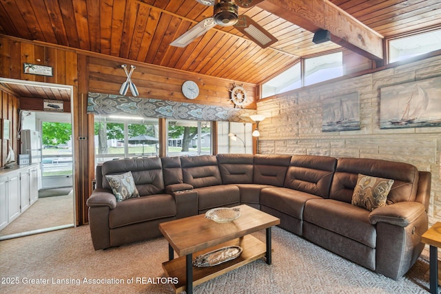 4951 Shore Ln, Perrinton, MI 48871 - living area with wooden ceiling, carpet floors, ceiling fan, and wood walls