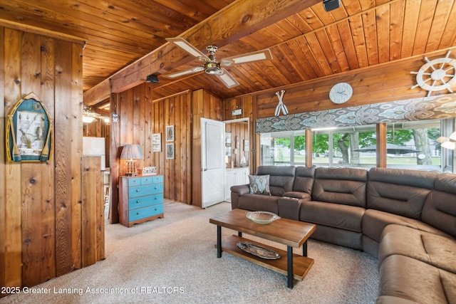 4951 Shore Ln, Perrinton, MI 48871 - carpeted living area with wooden ceiling, wood walls, and a ceiling fan