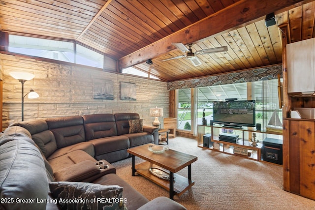 4951 Shore Ln, Perrinton, MI 48871 - carpeted living area featuring a ceiling fan and wooden ceiling