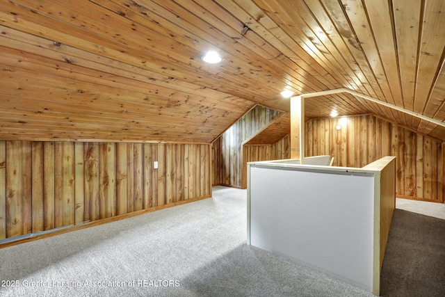 1246 House Rd N, Webberville, MI 48892 - additional living space featuring carpet flooring, lofted ceiling, wood ceiling, and wooden walls