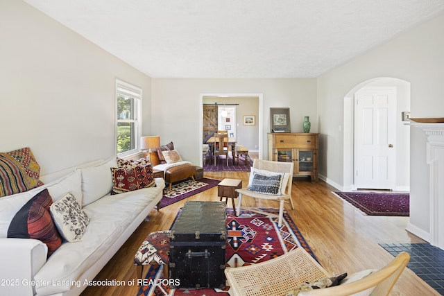 438 Bailey St, East Lansing, MI 48823 - living area featuring wood finished floors, arched walkways, and baseboards