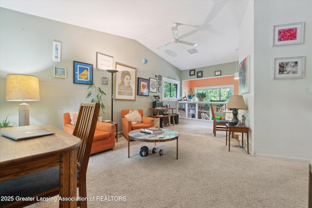 2146 Tecumseh River Rd, Lansing, MI 48906 - carpeted living room with lofted ceiling and a ceiling fan