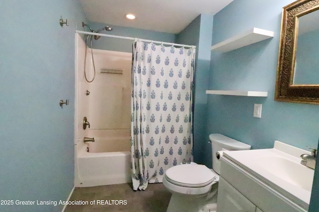 5413 S Waverly Rd, Lansing, MI 48911 - full bathroom with shower / tub combo with curtain, vanity, toilet, and recessed lighting