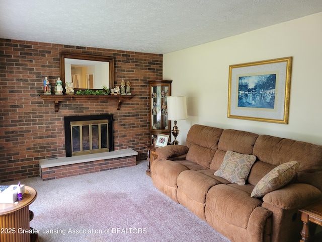 718 W Shepherd St, Charlotte, MI 48813 - living area with carpet floors, a textured ceiling, a brick fireplace, and brick wall