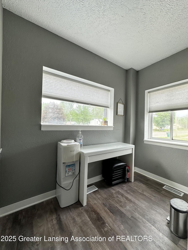 600 E Cavanaugh Rd, Lansing, MI 48910 - laundry area with dark wood-style flooring, a textured ceiling, and baseboards